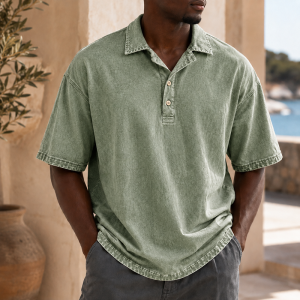 Men’s Vintage Washed Cotton Linen Oversized Polo Shirt - Sage Green