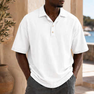 Men’s Vintage Washed Cotton Linen Oversized Polo Shirt - White