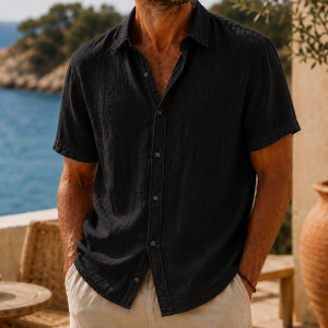 Men’s Vintage Washed Cotton Linen Short Sleeve Shirt - Black