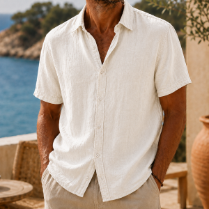 Men’s Vintage Washed Cotton Linen Short Sleeve Shirt - Cream White
