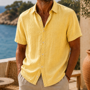 Men’s Vintage Washed Cotton Linen Short Sleeve Shirt - Lemon Yellow