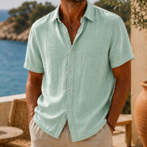 Men’s Vintage Washed Cotton Linen Short Sleeve Shirt - Mint Green