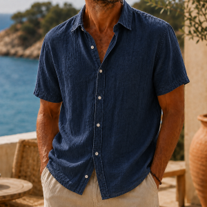 Men’s Vintage Washed Cotton Linen Short Sleeve Shirt - Navy