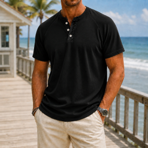 Men’s Washed Cotton Henley T-Shirt - Black