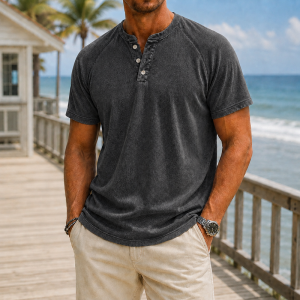 Men’s Washed Cotton Henley T-Shirt - Charcoal Gray
