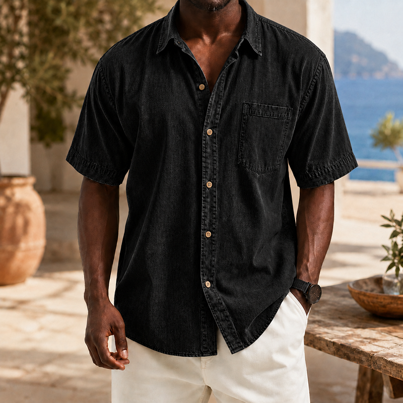 MivanityRetroCasualLapelPocketSolidColorShortSleeveShirtBlack.png