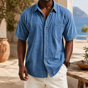 Retro Casual Lapel Pocket Solid Color Short Sleeve Shirt - Denim Blue