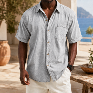 Retro Casual Lapel Pocket Solid Color Short Sleeve Shirt - Light Gray