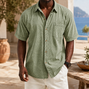 Retro Casual Lapel Pocket Solid Color Short Sleeve Shirt - Sage Green