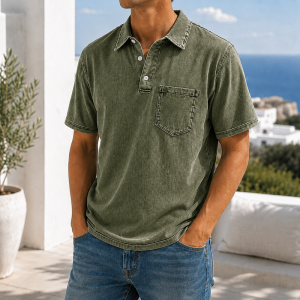 Retro Everyday Lapel Pocket Casual Short Sleeve Polo - Army Green