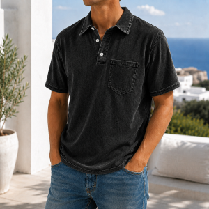 Retro Everyday Lapel Pocket Casual Short Sleeve Polo - Black