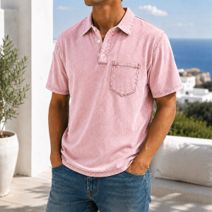 Retro Everyday Lapel Pocket Casual Short Sleeve Polo - Blush Pink