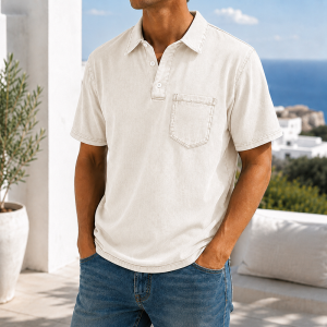 Retro Everyday Lapel Pocket Casual Short Sleeve Polo - Cream