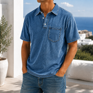 Retro Everyday Lapel Pocket Casual Short Sleeve Polo - Denim Blue