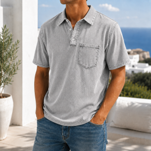 Retro Everyday Lapel Pocket Casual Short Sleeve Polo - Light Gray