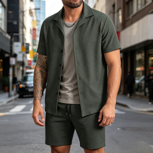 Simple Loose Fit Textured 2-Piece Sets - Green