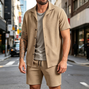 Simple Loose Fit Textured 2-Piece Sets - Beige