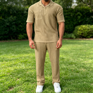 Stylish Striped Textured Polo Shirt Sets - Beige