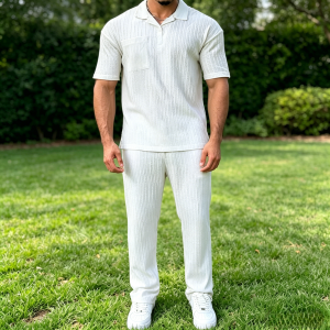 Stylish Striped Textured Polo Shirt Sets - White