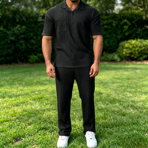 Stylish Striped Textured Polo Shirt Sets - Black