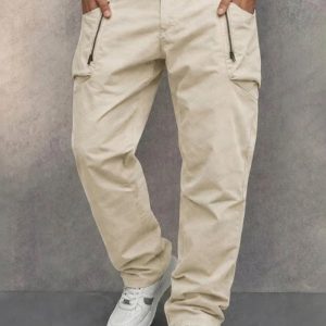 Trendy Cotton Cargo Tapered Pants - Beige