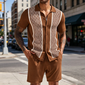 Vintage Knit Shirt Shorts Sets - Brown