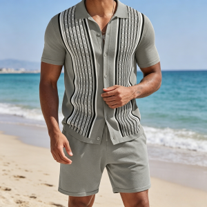 Vintage Knit Shirt Shorts Sets - Grey