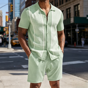 Vintage Knit Shirt Shorts Sets - Light Green