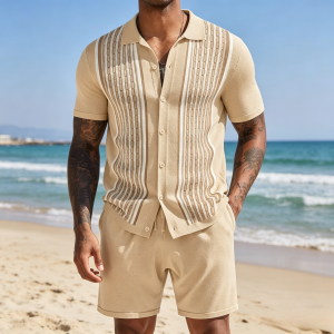 Vintage Knit Shirt Shorts Sets - Khaki