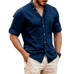Men's Lightweight Linen Stand Collar Shirt - Navy