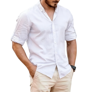 Men's Lightweight Linen Stand Collar Shirt - White