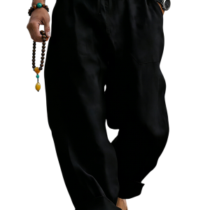 Men’s Linen Blend Loose Fit Pants Breathable Summer Beach Trousers - Black