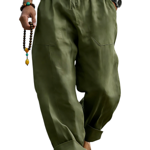 Men’s Linen Blend Loose Fit Pants Breathable Summer Beach Trousers - Army Green