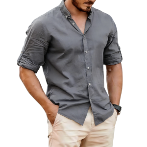 Men's Lightweight Linen Stand Collar Shirt - Gray