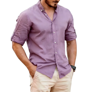 Men's Lightweight Linen Stand Collar Shirt - Lavender Purple