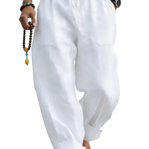 Men’s Linen Blend Loose Fit Pants Breathable Summer Beach Trousers - White