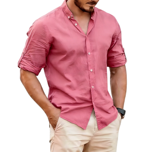 Men's Lightweight Linen Stand Collar Shirt - Pink