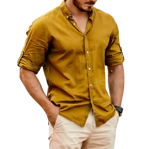 Men's Lightweight Linen Stand Collar Shirt - Khaki