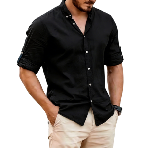 Men's Lightweight Linen Stand Collar Shirt - Black