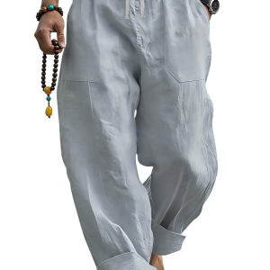 Men’s Linen Blend Loose Fit Pants Breathable Summer Beach Trousers - Gray