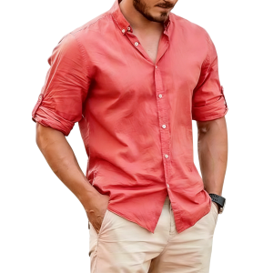 Men's Lightweight Linen Stand Collar Shirt - Watermelon Red