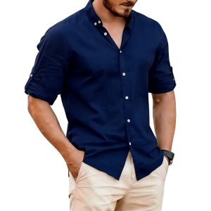Men's Lightweight Linen Stand Collar Shirt - Deep Sea Blue