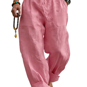 Men’s Linen Blend Loose Fit Pants Breathable Summer Beach Trousers - Pink