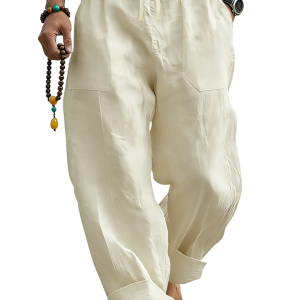 Men’s Linen Blend Loose Fit Pants Breathable Summer Beach Trousers - Beige