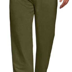 Men's Cotton Linen Blend Casual Beach Pants Relaxed Fit With Elastic Waistband And Drawstring Detail - Army Green