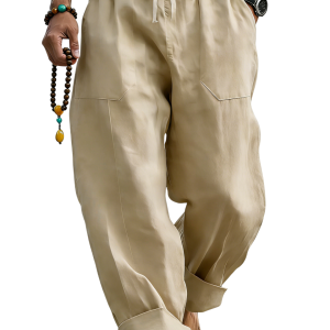 Men’s Linen Blend Loose Fit Pants Breathable Summer Beach Trousers - Light Khaki