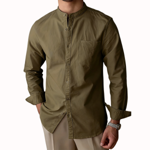 Men’s Mandarin Collar Shirt - Dark Khaki