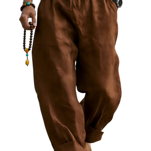 Men’s Linen Blend Loose Fit Pants  Breathable Summer Beach Trousers - Brown