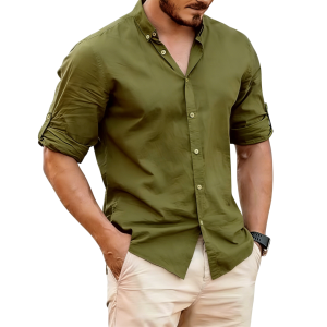 Men's Lightweight Linen Stand Collar Shirt - Olive Green