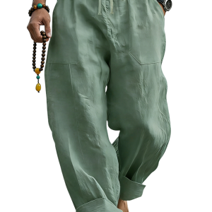 Men’s Linen Blend Loose Fit Pants Breathable Summer Beach Trousers - Sage Green